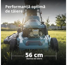 Mașină de tuns iarba pe benzină cu o lățime de tăiere de 56 centimetri pentru performanță optimă.