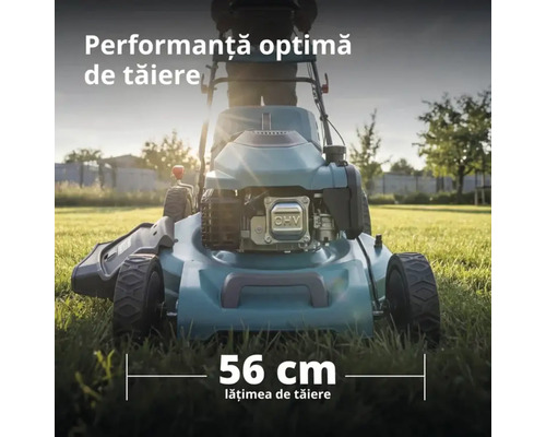 Mașină de tuns iarba pe benzină cu o lățime de tăiere de 56 centimetri pentru performanță optimă.