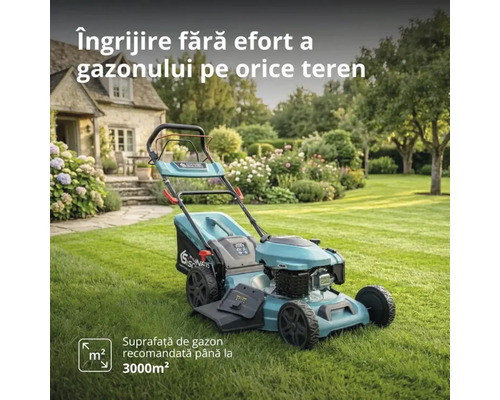 Mașină de tuns iarba pe benzină pe gazon în fața unei case cu grădină. Simbol pentru suprafață de gazon recomandată până la 3000 metri pătrați.