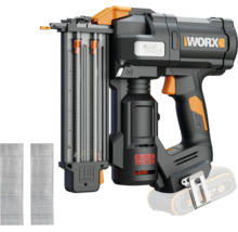 Pistol de cuie cu acumulator Worx cu motor fără perii, calibrul 18, include două benzi de cuie. Worx Logo.