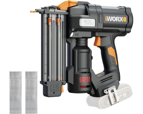 Pistol de cuie cu acumulator Worx cu motor fără perii, calibrul 18, include două benzi de cuie. Worx Logo.
