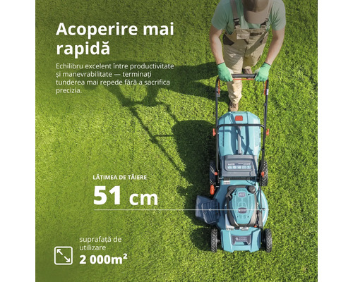 Mașină de tuns gazonul pe benzină cu lățime de tăiere de 51 centimetri pentru suprafețe de până la 2000 metri pătrați.
