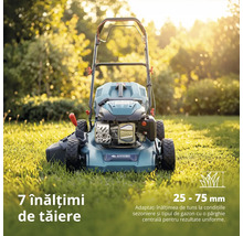 Mașină de tuns gazonul pe benzină Könner und Söhnen pe gazon cu 7 înălțimi de tăiere de la 25 la 75 milimetri.