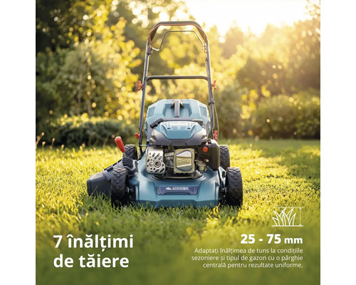 Mașină de tuns gazonul pe benzină Könner und Söhnen pe gazon cu 7 înălțimi de tăiere de la 25 la 75 milimetri.