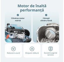 Motor de înaltă performanță pentru mașini de tuns iarba cu detalii despre cilindree mărită, cămașă din fontă, uzură redusă și durată lungă.