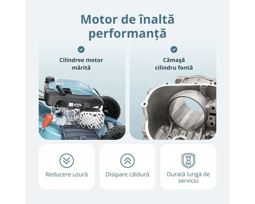 Motor de înaltă performanță pentru mașini de tuns iarba cu detalii despre cilindree mărită, cămașă din fontă, uzură redusă și durată lungă.