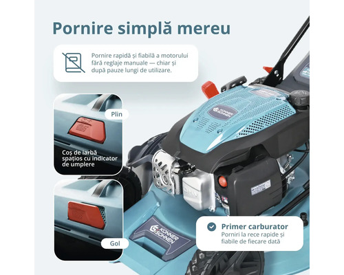 Mașină de tuns gazonul pe benzină Könner und Söhnen cu pornire ușoară, coș colector cu indicator de umplere și primer pentru carburator.