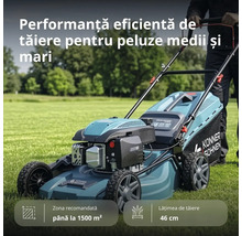 Mașină de tuns gazonul pe benzină Könner und Söhnen pe o peluză, lățime de tăiere 46 centimetri, pentru suprafețe de până la 1500 metri pătrați.
