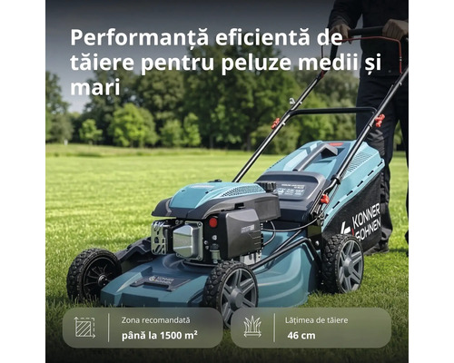 Mașină de tuns gazonul pe benzină Könner und Söhnen pe o peluză, lățime de tăiere 46 centimetri, pentru suprafețe de până la 1500 metri pătrați.
