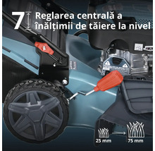 Reglarea centrală a înălțimii de tăiere a mașinii de tuns iarba cu 7 trepte de la 25 milimetri la 75 milimetri.