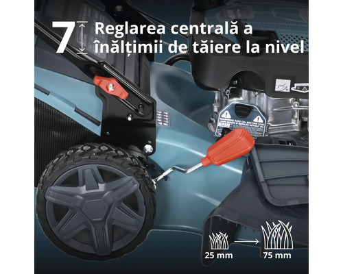 Reglarea centrală a înălțimii de tăiere a mașinii de tuns iarba cu 7 trepte de la 25 milimetri la 75 milimetri.
