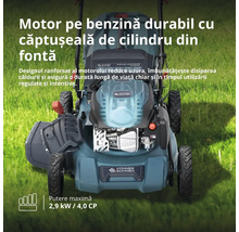Mașină de tuns gazonul pe benzină Könner und Söhnen cu motor durabil, căptușeală de cilindru din fontă și o putere de 2,9 kilowați.