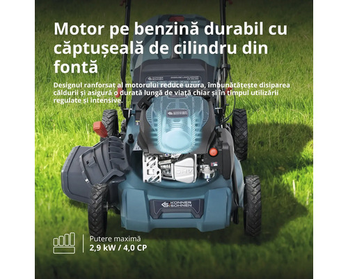 Mașină de tuns gazonul pe benzină Könner und Söhnen cu motor durabil, căptușeală de cilindru din fontă și o putere de 2,9 kilowați.
