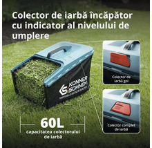 Colector de iarbă Könner und Söhnen de 60 litri cu indicator de nivel, plin cu iarbă pe un gazon.