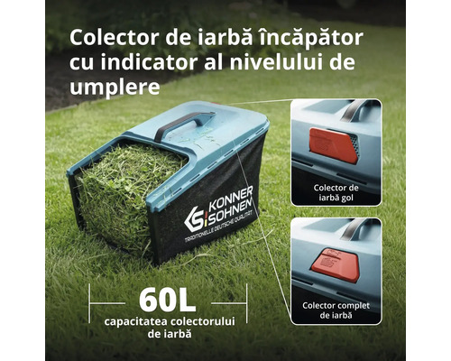Colector de iarbă Könner und Söhnen de 60 litri cu indicator de nivel, plin cu iarbă pe un gazon.