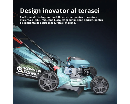 Mașină de tuns iarba pe benzină Könner und Söhnen cu șasiu din oțel și flux de aer optimizat pentru colectarea eficientă a ierbii.