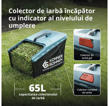 Colector de iarbă Könner und Söhnen pentru mașină de tuns iarba cu o capacitate de 65 litri și indicator al nivelului de umplere.