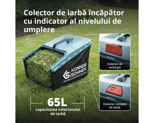 Colector de iarbă Könner und Söhnen pentru mașină de tuns iarba cu o capacitate de 65 litri și indicator al nivelului de umplere.