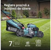 Mașină de tuns gazonul pe benzină Könner und Söhnen cu șapte trepte de reglare a înălțimii de tăiere de la 25 la 75 milimetri.