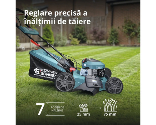 Mașină de tuns gazonul pe benzină Könner und Söhnen cu șapte trepte de reglare a înălțimii de tăiere de la 25 la 75 milimetri.
