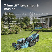 Mașină de tuns iarba Könner und Söhnen în grădină. Prezintă 7 funcții precum colectare iarbă, mulcire și autopropulsie pentru îngrijirea gazonului.