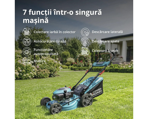 Mașină de tuns iarba Könner und Söhnen în grădină. Prezintă 7 funcții precum colectare iarbă, mulcire și autopropulsie pentru îngrijirea gazonului.