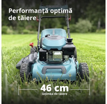 Mașină de tuns iarba pe benzină, albastră, cu o lățime de tăiere de 46 de centimetri, pe un gazon luminos.