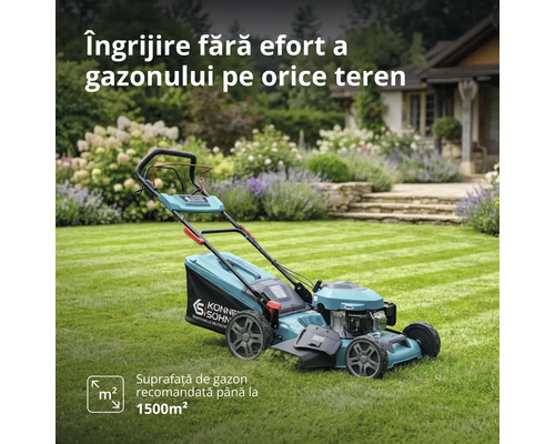 Mașină de tuns gazonul pe benzină Könner și Söhnen pe o peluză, recomandată pentru suprafețe de până la 1500 de metri pătrați.