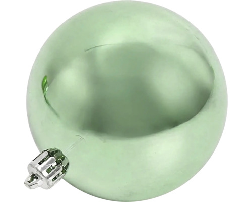 Un glob de Crăciun rotund, verde deschis, din sticlă, cu un capac argintiu și o buclă de agățare.