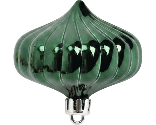 Glob de Crăciun verde în formă de ceapă din sticlă, striat, lucios, cu agățătoare argintie.