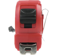 Ruletă cu carcasă din plastic roșu, buton de blocare negru, cârlig metalic la capăt și clemă de curea.
