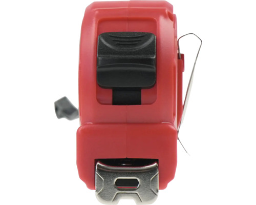 Ruletă cu carcasă din plastic roșu, buton de blocare negru, cârlig metalic la capăt și clemă de curea.