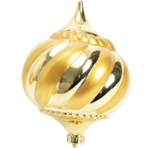 Ornament de Crăciun în formă de ceapă cu model în spirală, auriu, lucios.