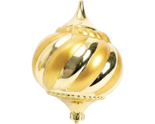 Ornament de Crăciun în formă de ceapă cu model în spirală, auriu, lucios.