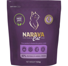 Hrană pentru pisici Narava High Premium pentru pisici sterilizate cu pui, sac de 1,5 kilograme, 80 la sută proteine de origine animală.
