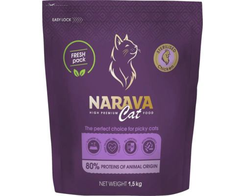 Hrană pentru pisici Narava High Premium pentru pisici sterilizate cu pui, sac de 1,5 kilograme, 80 la sută proteine de origine animală.