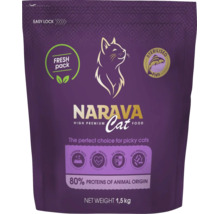 Hrană pentru pisici Narava High Premium pentru pisici sterilizate, pește, 1,5 kilograme, 80 la sută proteine animale, ambalaj resigilabil.
