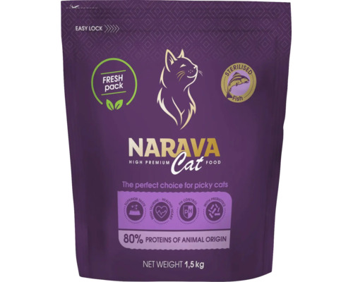 Hrană pentru pisici Narava High Premium pentru pisici sterilizate, pește, 1,5 kilograme, 80 la sută proteine animale, ambalaj resigilabil.