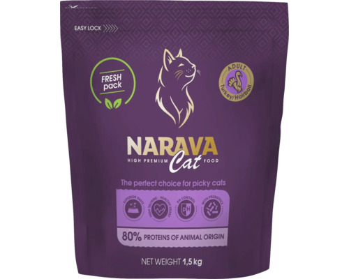Sac mov de hrană pentru pisici Narava High Premium pentru pisici adulte, curcan și hairball, 1,5 kilograme, 80 la sută proteine animale, Narava Logo.