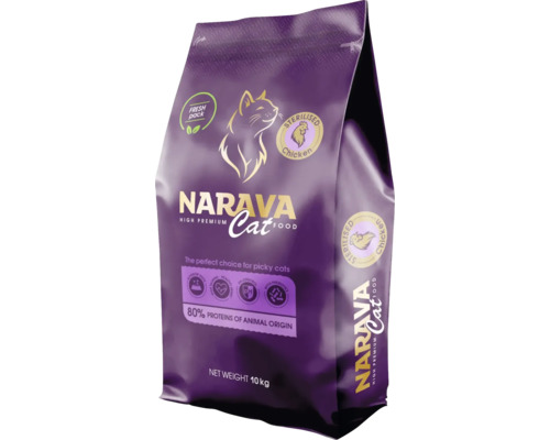 Hrană pisici Narava Sterilised Chicken, High Premium, 10 kilograme, 80 la sută proteine animale, control pH, taurină și prebiotice.