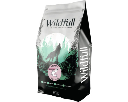 Wildfull Ultra Premium Adult somon, 12 kilograme, fără cereale, naturală, fără organisme modificate genetic, fără gluten, bogată în carne.