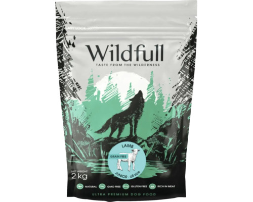 Hrană uscată pentru câini Wildfull Ultra Premium Junior toate taliile, miel, fără cereale, 2 kilograme.
