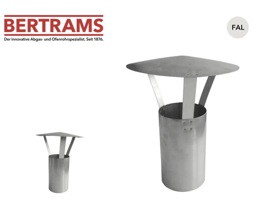 Bertrams Logo. Capac pentru coș de fum din tablă de oțel aluminizată cu protecție împotriva ploii și ștuț de inserție.