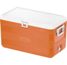 Ladă frigorifică Duramax Keep Cold portocalie cu capac alb, mânere laterale și dop de scurgere.