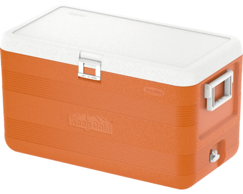 Ladă frigorifică Duramax Keep Cold portocalie cu capac alb, mânere laterale și dop de scurgere.