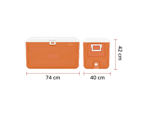 Ladă frigorifică portocalie cu dimensiuni: lățime 74 centimetri, adâncime 40 centimetri, înălțime 42 centimetri.