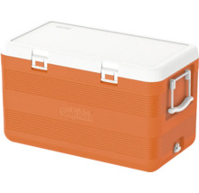 Ladă frigorifică portocalie Keep Cold din plastic cu capac alb, mânere de transport și clipsuri de închidere.