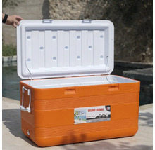 Ladă frigorifică mare din plastic portocaliu cu capac alb deschis, mânere laterale și etichetă Deluxe Icebox în exterior.