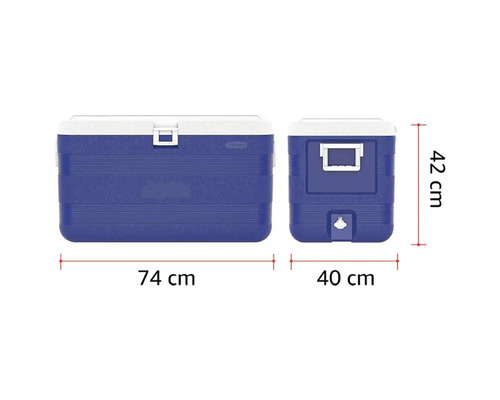 Ladă frigorifică albastră cu capac alb, dimensiuni 74 centimetri lungime, 40 centimetri lățime și 42 centimetri înălțime.