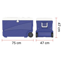 Ladă frigorifică albastră cu roți, lungime 75 centimetri, lățime 47 centimetri, înălțime 47 centimetri.